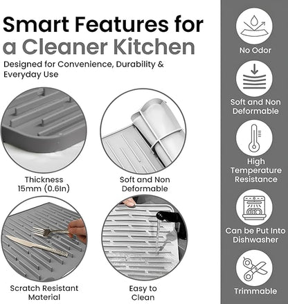 Silicone Dish Drying Mat with Raised Drain Spout, 15mm Thick Extra Large 15.7"x12.4", Heat Resistant Countertop Protector, Dishwasher Safe - Light Gray