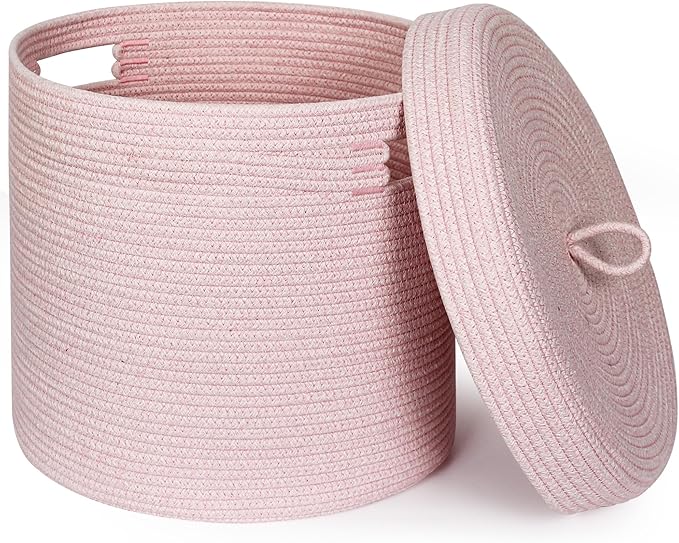 Storage Basket with Lid, Woven Blanket Storage for Living Room, Soft Cotton Rope Bin with Lid, Round Wicker Laundry Basket with Cover, Lidded Kid Dog Toy Box, Nursery Organizer, 15"x13", Pink