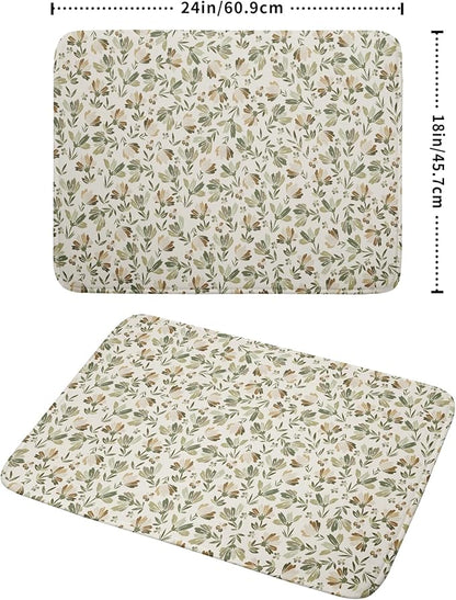 Spring Summer Daisy Floral Leaf Dish Drying Pad 18 x 24 Inch With Absorbent Reversible Microfiber Green Brown Leaves Flowers Drying Mats Dish Drainer Mat Fast Dry For Kitchen Dining Room Decoration
