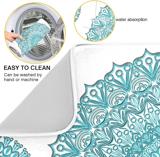 Super Absorbent Dish Drying Mat, Microfiber Fast-Drying Dish Mat, 16" x 18", Kitchen Dish Drying Pad, Boho Ethnic Turquoise Mandala