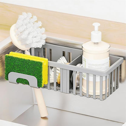 Yieach 3 in 1 Kitchen Sink Caddy Sponge Holder with Suction Cup and Adhesive,Plastic Rust-Proof kitchen Scrubber,Dish Scrub,Dish Soap Holder,Grey Hanging Sponge Rack and In Sink Organizer Essentials