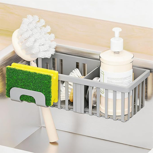 Yieach 3 in 1 Kitchen Sink Caddy Sponge Holder with Suction Cup and Adhesive,Plastic Rust-Proof kitchen Scrubber,Dish Scrub,Dish Soap Holder,Grey Hanging Sponge Rack and In Sink Organizer Essentials