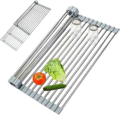 Expandable Roll-UP Dish Drying Rack-Large 304 Stainless Steel Dish Drainer Over The Sink for Kitchen Countertop,Extendable & Rollable & Food Grade (Silver,22.08'x 13.2')