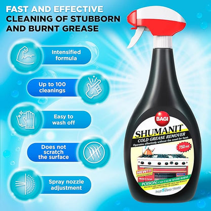SHUMANIT - Cold Grease Remover. Spray for The immediate Removal of Stubborn and Burnt fats/Grease