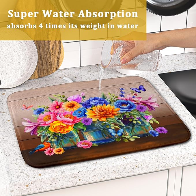 Colorful Flowers Dish Drying Mat for Kitchen Counter 16x18in Spring Flower Vases Dish Mat Drying Kitchen Mat Absorbent Microfiber Dish Drainer Rack Mats Botanical Floral Dishes Pad for Countertops