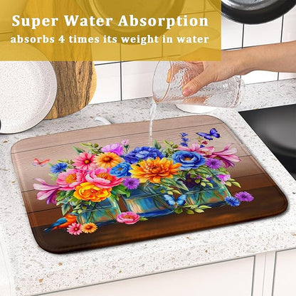 Colorful Flowers Dish Drying Mat for Kitchen Counter 16x18in Spring Flower Vases Dish Mat Drying Kitchen Mat Absorbent Microfiber Dish Drainer Rack Mats Botanical Floral Dishes Pad for Countertops