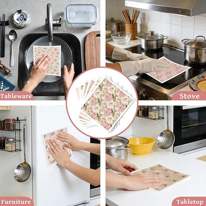 Reusable Swedish Dishcloths for Kitchen, 6 Pcs Vintage Floral Swedish Dish Cloths, Absorbent Pink Flower Sponge Cleaning Towels Wipes for Kitchen Cooking Home Decoration Housewarming Gifts