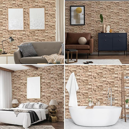 20 Pack 3D Wall Panels Peel and Stick, Waterproof Foam Stone 3D Wallpaper, Self Adhesive Foam Wallpaper for Bedroom Bathroom Kitchen (13.7 * 15.1in)