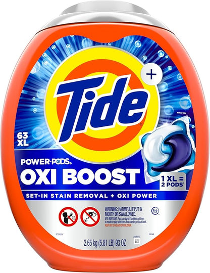 Tide Oxi Boost Power PODS Laundry Detergent Pacs, 63 Count, Set-In Stain Removal + Oxi Power, laundry soap detergent pacs