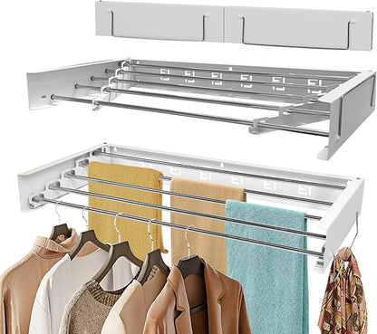 Wall Mounted Drying Rack, Clothes Drying Rack Foldable, 31.5" Laundry Racks for Drying Clothes Collapsible Drying Racks for Laundry with 2 Towel Handles and Wall Template for Indoor Outdoor