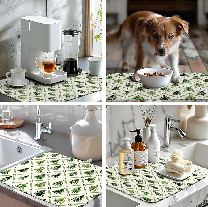Christmas Dish Drying Mat for Kitchen Counter 16x18 Inch Sage Green Xmas Tree Drying Mats Winter Holiday Dish Drainer Pad Microfiber Absorbent Dish Draining Mat for Coffee Bar