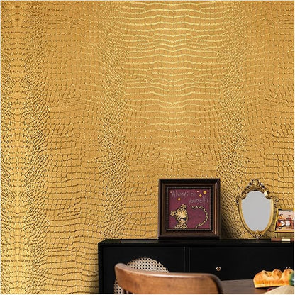 Peel and Stick Wallpaper - Gold Crocodile, 15.7" X 118", Removable, Easy Peel Off, Renter Friendly Textured Wallpaper