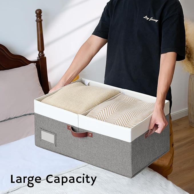 GRANNY SAYS Decorative Storage Boxes with Lids, Collapsible Large Closet Storage Bins with Label, Fabric Storage Bins for Clothes, White&Gray