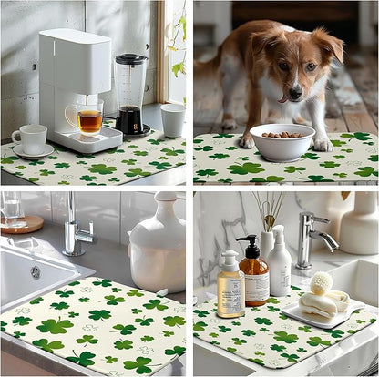 St Patricks Day Dish Drying Mat Shamrock Green Spring Kitchen Dish Drying Pad Absorbent Dish Dryer Mat for Kitchen Countertops Microfiber Dishes Drainer Pad Dish Drying Rack Mat (18x24 in)