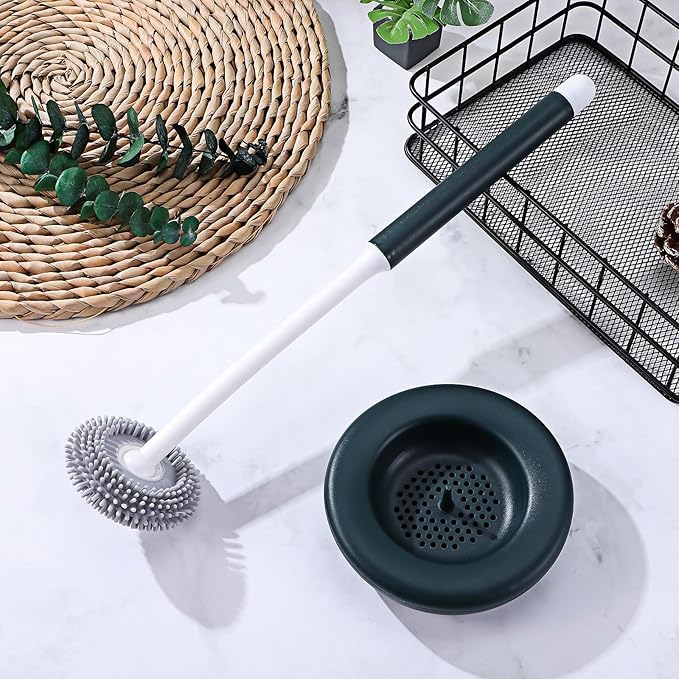 DOITOOL Silicone Toilet Brush and Holder Set, Long Handle Bathroom Cleaning Brush with Green Silicone Bristles, Household Toilet Bowl Scrubber for Deep Cleaning and Bathroom Use