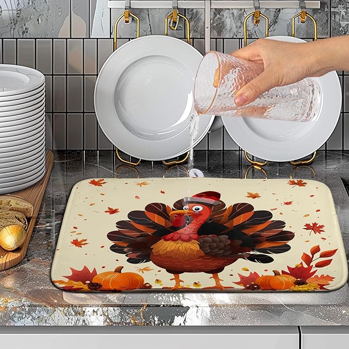 Thankgiving Dish Drying Mat for Kitchen Counter 16x18 Inch Fall Orange Turkey Maple Leaf Pumpkin Absorbent Microfiber Dish Rack Mat Autumn Thankgiving Dish Drying Pad for Coffee Bar Sink