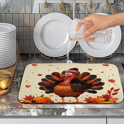 Thankgiving Dish Drying Mat for Kitchen Counter 16x18 Inch Fall Orange Turkey Maple Leaf Pumpkin Absorbent Microfiber Dish Rack Mat Autumn Thankgiving Dish Drying Pad for Coffee Bar Sink
