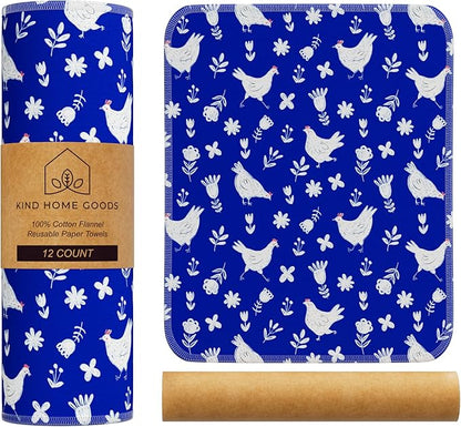 Reusable Paper Towels (12"x10”) - Soft Absorbent 100% Cloth Paper Towel -Washable Paper Towels Rolls w/Cardboard Roll-Reusable Napkins Washable - Dish Cloths (Chickens, 12x10inch)