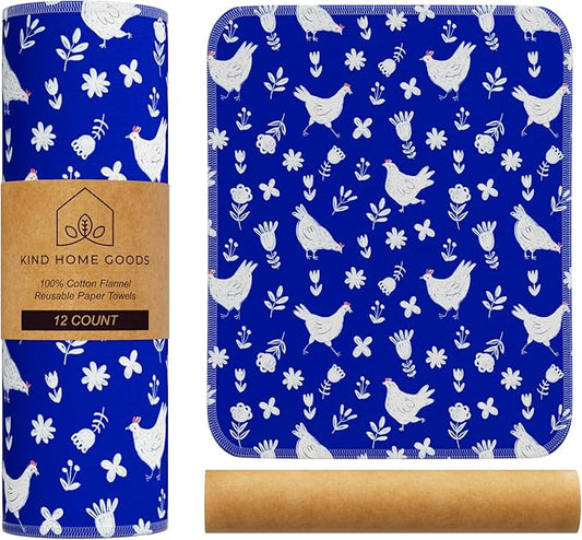 Reusable Paper Towels (12"x10”) - Soft Absorbent 100% Cloth Paper Towel -Washable Paper Towels Rolls w/Cardboard Roll-Reusable Napkins Washable - Dish Cloths (Chickens, 12x10inch)