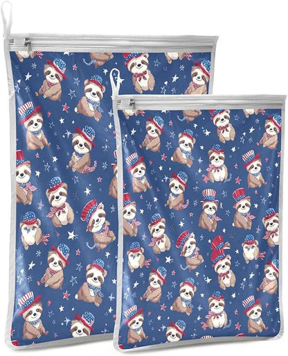 Mesh Laundry Bags Lingerie Bags for Washing Delicates 2 PCS Durable Wash Bag with Zipper Small and Medium Washable 4th July Sloths Blue