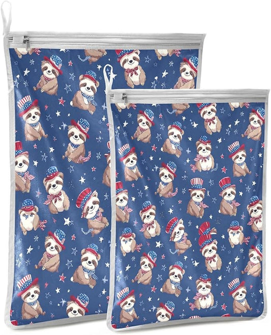 Mesh Laundry Bags Lingerie Bags for Washing Delicates 2 PCS Durable Wash Bag with Zipper Small and Medium Washable 4th July Sloths Blue