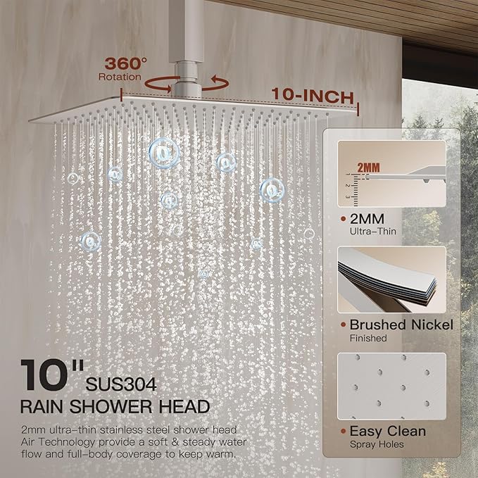 Shower System, Shower Faucet Set with 3 In 1 Push Button Valve, Shower Faucet included 10" Ceiling Shower Head and 8" Wall-Mount Shower Head with Handheld Spray, Brushed Nickel