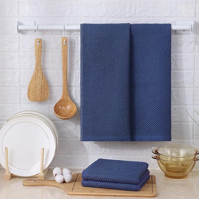 Kitinjoy 100% Cotton Waffle Weave Kitchen Hand Towels (13 X 28 Inches, Navy Blue), 6-Pack Super Soft and Absorbent Dish Towel for Drying Dishes