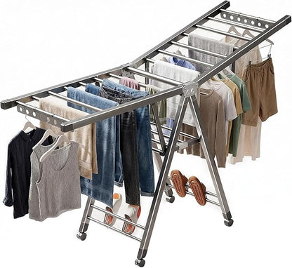 Heavy Duty 3-Tier Clothes Drying Rack with Wheels & Shoe Rack - Large 5.9ft Foldable Metal Laundry Stand, Portable Collapsible Clothing Hanger for Indoor Outdoor Use in Laundry Room