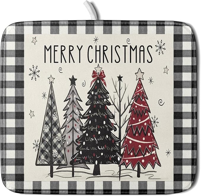 Merry Christmas Tree Dish Drying Mat for Kitchen Counter 16x18 Inch Black Red Grey Xmas Plaid Print Absorbent Reversible Microfiber Drying Mats Kitchen Countertop Protector Dishes Drainer Rack Pad