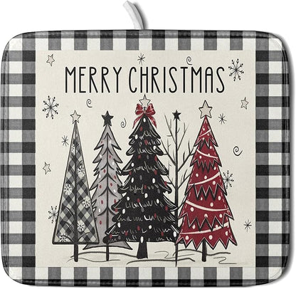 Merry Christmas Tree Dish Drying Mat for Kitchen Counter 16x18 Inch Black Red Grey Xmas Plaid Print Absorbent Reversible Microfiber Drying Mats Kitchen Countertop Protector Dishes Drainer Rack Pad