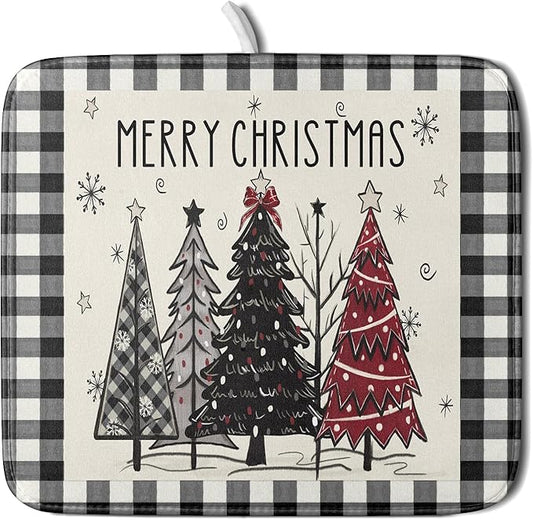Merry Christmas Tree Dish Drying Mat for Kitchen Counter 16x18 Inch Black Red Grey Xmas Plaid Print Absorbent Reversible Microfiber Drying Mats Kitchen Countertop Protector Dishes Drainer Rack Pad