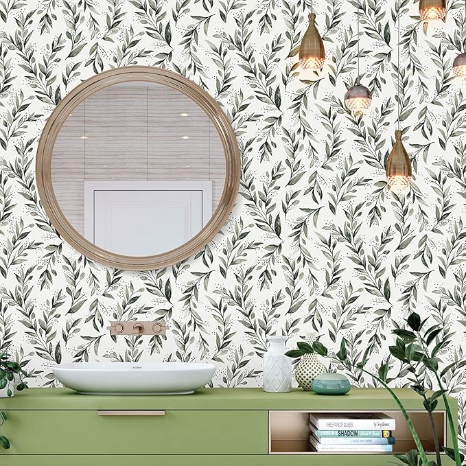 Livebor Green Leaf Peel and Stick Wallpaper Olive Leaf Contact Paper 17.7inch x 393.7inch Sage Green Wallpaper Peel and Stick Eucalyptus Farmhouse Wall Paper Neutral Self Adhesive Decorative Vinyl