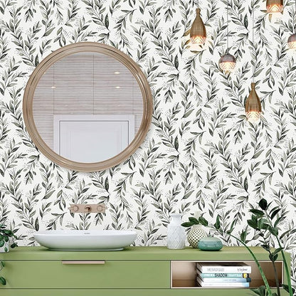 Livebor Green Leaf Peel and Stick Wallpaper Olive Leaf Contact Paper 17.7inch x 118.1inch Sage Green Wallpaper Peel and Stick Eucalyptus Farmhouse Wall Paper Neutral Self Adhesive Decorative Vinyl