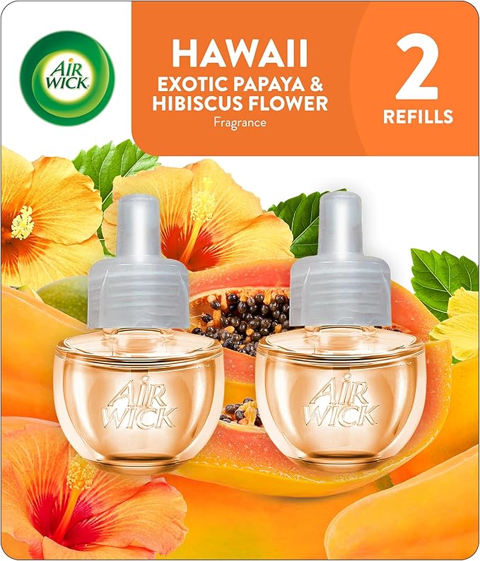 Air Wick Plug In Scented Oil Refill, Infused with Essential Oils, Plug In Air Fresheners for Home, Hawaii Exotic Papaya & Hibiscus Flower, 2 ct