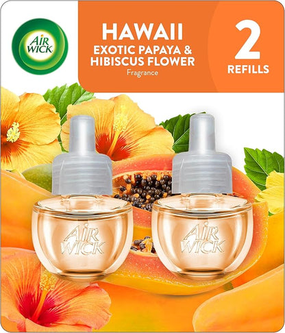 Air Wick Plug In Scented Oil Refill, Infused with Essential Oils, Plug In Air Fresheners for Home, Hawaii Exotic Papaya & Hibiscus Flower, 2 ct
