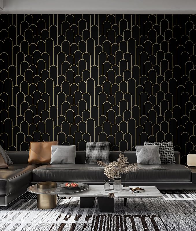 Yasinet Peel and Stick Wallpaper Black and Gold Wallpaper Black Geometric Contact Paper for Bedroom Modern Removable Self Adhesive Wall Paper Waterproof Decorative for Wall Vinyl 17.3"X118.7"