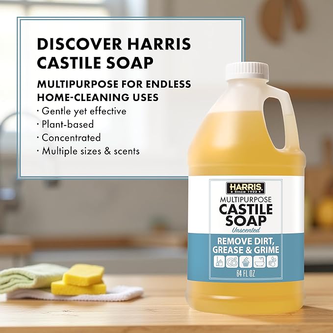 HARRIS Multi-Purpose Pure Liquid Castile Soap for Home Cleaning, Multi-Purpose Cleaner, For Dish Soap, Laundry Detergent, Kitchen and Bathroom Surfaces, Kids Rooms, Unscented, 64 Oz