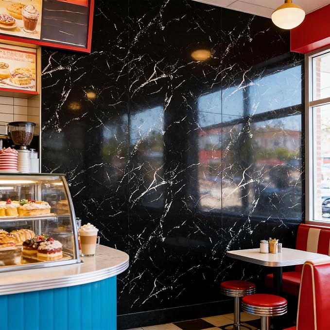 Black Statuario Marble Peel and Stick Wallpaper, Glossy Texture Vinyl Wall Panels, Waterproof Renter Friendly, 23.6" x 118", TV Accent Wall, Bathroom, Foyer, Coffee Shop Decor