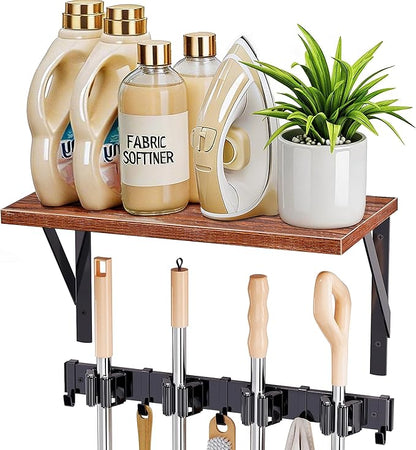 Broom Holder Wall Mount with Organizer Shelf, Space-Saving Broom and Mop Organizer Wall Hanging with 4 Broom Slots 5 Removable Hooks, Laundry Room Shelves for Laundry Room, Garage, Garden, Closet
