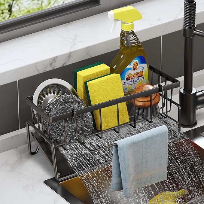Kitchen Sink Caddy, Sponge Holder for Kitchen, Soap Dish Holder for Countertop, with Dishcloth Hanger Drying Rack, Rustproof 304 Stainless Gadgets Sink Accessories (Black)