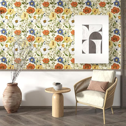 Floral Wallpaper Peel and Stick, Yellow/Orange Blooming Flowers Contact Paper, Vintage Botanical Wall Paper Self Adhesive Waterproof Removable for Bedroom Shelves Cabinet Drawer Table 17.5" x 393.7"