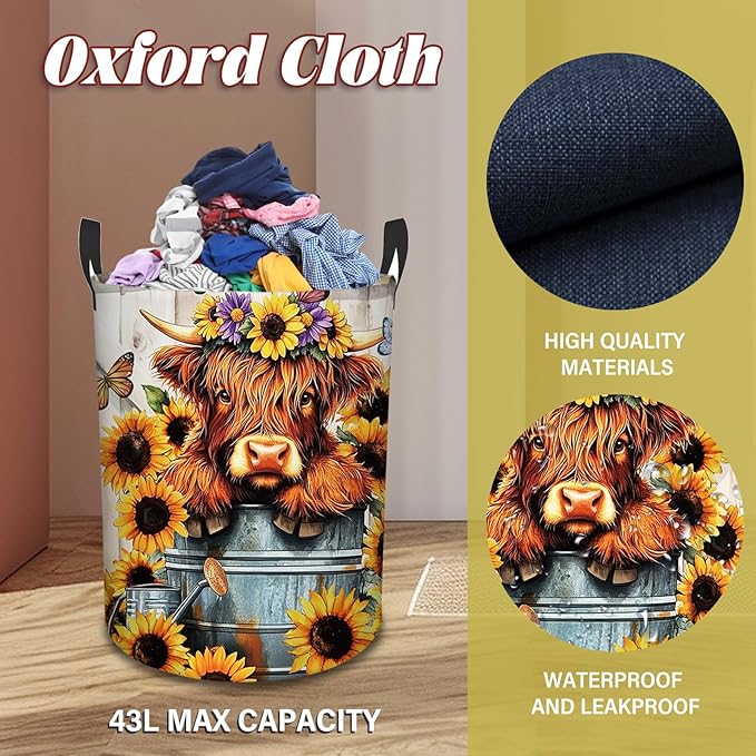 Highland Cow Laundry Basket, Sunflower Oxford Cloth Laundry Hamper, Waterproof Collapsible Storage Bin with Handles for Bedroom, Nursery Home Storage, Gift for Chritsmas Thanksgiving 13.8x17.7in