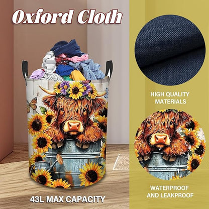 Highland Cow Laundry Basket, Sunflower Oxford Cloth Laundry Hamper, Waterproof Collapsible Storage Bin with Handles for Bedroom, Nursery Home Storage, Gift for Chritsmas Thanksgiving 13.8x17.7in