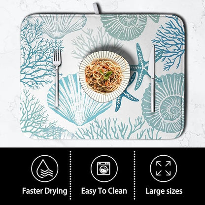 Summer Teal Dish Drying Mat for Kitchen Counter Nautical Coastal Blue Dishes Drainer Mats Turquoise Beach Coral Seashell Starfish Ocean Absorbent Microfiber Dish Draining Pad 18x24 Inch