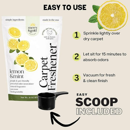 Merry & Gold Carpet Freshener & Deodorizer Powder - 31oz | Pet Odor Eliminator for Strong Odors| Lemon + Mint | Safe for Homes with Pets | Made in USA | Natural Ingredients (Lemon & Mint)