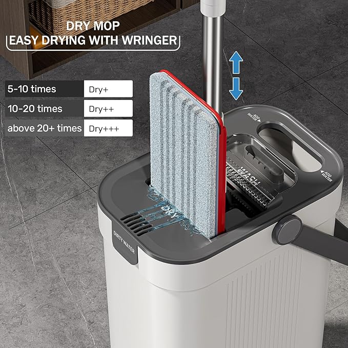 Mop and Bucket Set, Flat Mop and Bucket System with Separate Dirty and Clean Water, 3-Compartment Wall Cleaner Mop, Flat Mops for Floor Cleaning with 4 Microfiber Pads