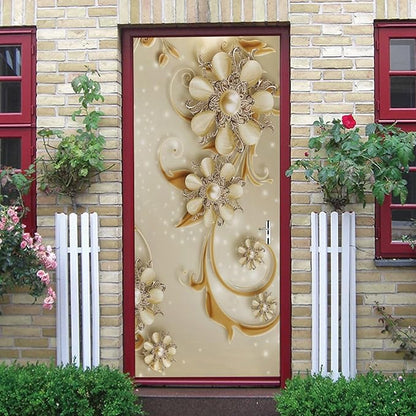 A.Monamour 3D Door Stickers for Interior Doors Luxury Flowers Golden Ornaments Vinyl Waterproof Self Adhesive Door Mural Decals for Bedroom Office Bathroom 77x200cm