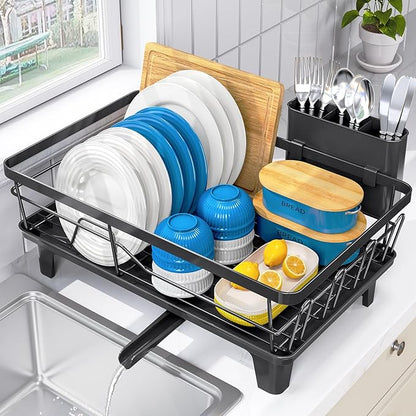 Urackify Compact Dish Drainer for Kitchen Counter - Expandable Large Capacity Drying Rack with Removable Cutlery Holder, Anti-Rust Plate Rack, Non-Slip Feet