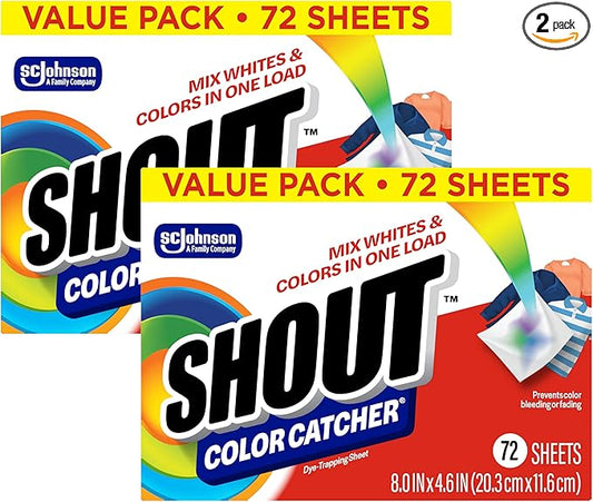 Shout Color Catchers for Laundry, Allow Mixed Washes, Prevents Color Runs and Maintains Original Clothing, 72 Count - Pack of 2 (144 Total Sheets)