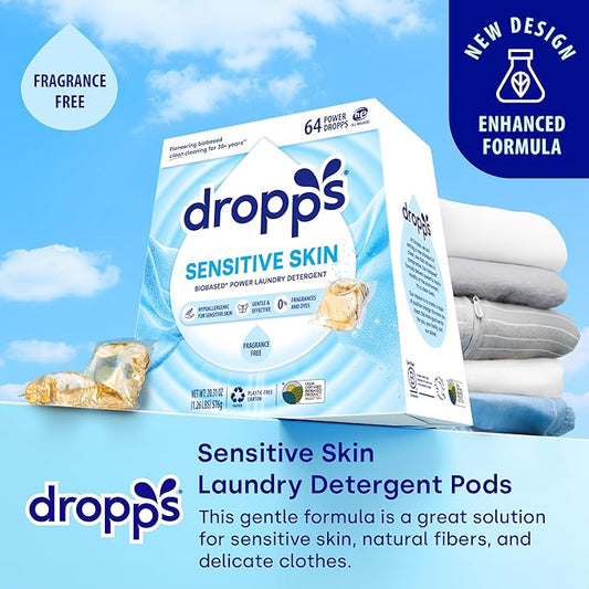Dropps Sensitive Skin Laundry Detergent Pods, Unscented (64 Ct) - Hypoallergenic & Dermatologist Tested | Free & Clear | Laundry Pods for Sensitive Skin | Clean Ingredients | Plastic Free Packaging